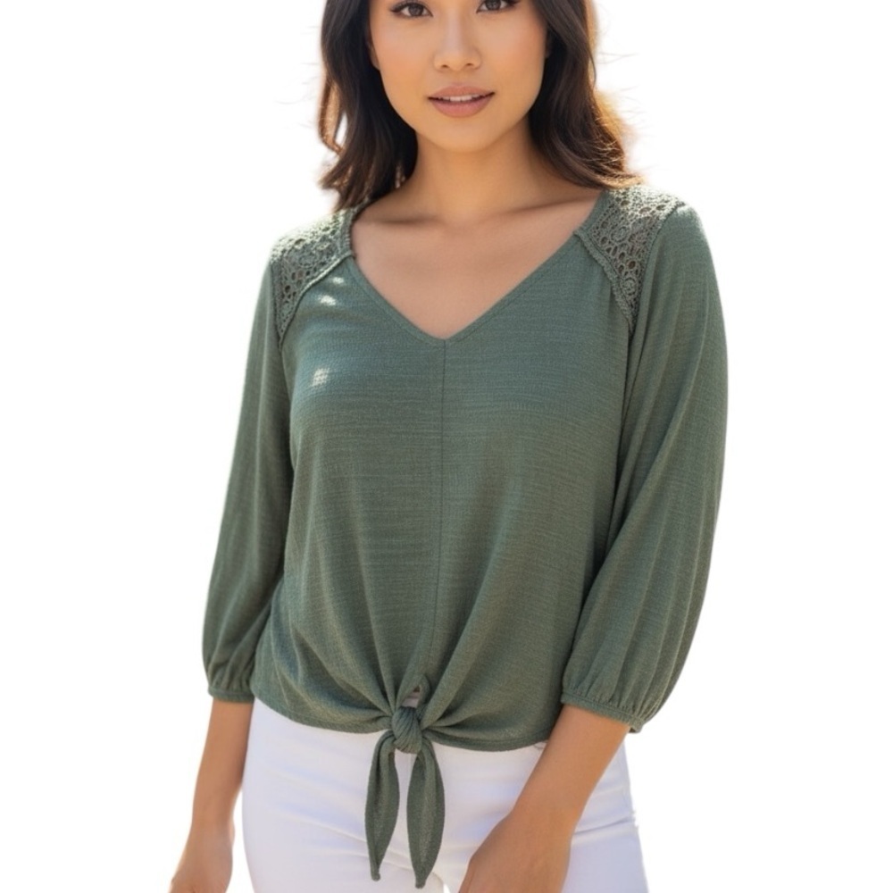 Harper 24 Large Green Long Sleeve Tie Front Shirt Casual Crochet Boho